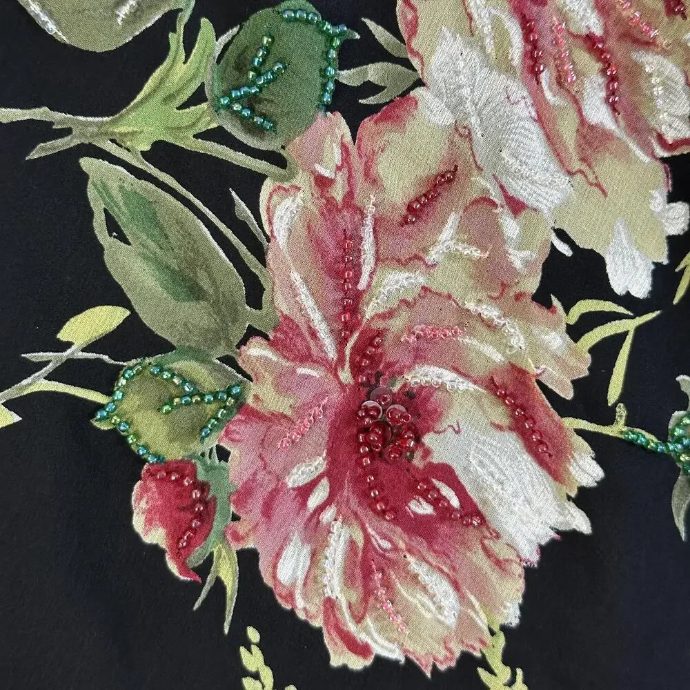 Kay Unger Silk Scarf Womens Black Chiffon Beaded Rose Floral Fringe 80